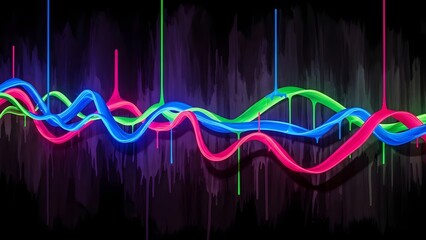 Vibrant neon sound waves and equalizer bars pulse against a dark, abstract background, representing audio visualization.