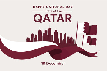 Happy National Day State of Qatar skyline silhouette with flags and ribbon celebration graphic for December 18th