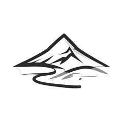 Stylized Mountain Landscape With Winding River And Hills In Minimalist Black And White Line Art Style
