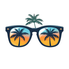Pixelated Sunglasses Reflecting a Tropical Sunset with Palm Trees and Desert Landscape