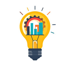 Bright Yellow Light Bulb With Internal Colorful Bar Graph and Cogwheel Gears Symbolizing Innovation and Ideas