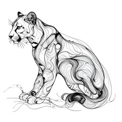 Sketch of a majestic lioness sitting alertly on a textured surface rendered in detailed black and white linework emphasizing its powerful form and watchful expression
