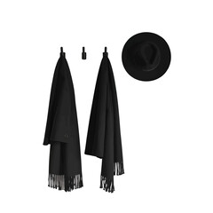Stylish Black Fedora Hat and Matching Scarf with Fringe Detail Hanging on Wall Hooks Against White Background