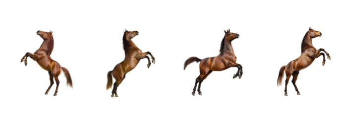 Collection of Horse rearing A horse stands on its hind legs, front legs lifted high and tail raised. full length isolate on transparent background