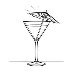 Clear Liquid Cocktail in Martini Glass with Paper Umbrella and Straw on White Background