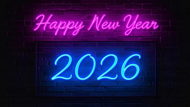 Happy New Year neon glow 2026 sign with bright electric fluorescent tube illumination shine vibrant colorful light dark night create festive atmosphere 2026 neon glow new year light electric bright