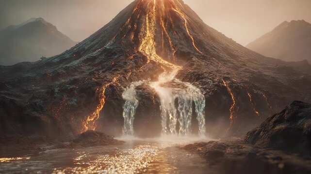 A volcanic landscape shows lava flowing, and a waterfall