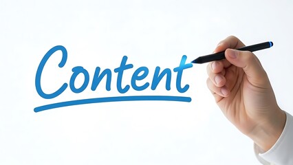 Hand writing the word content in bright blue script with a black marker on a white background
