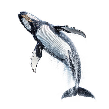 Whale breaching A whale leaps out of the water, its body arched high with splashes around. full length isolate on transparent background