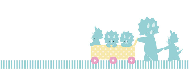 お散歩カーで散歩中のトリケラトプスの親子のイラストフレーム © TANUKICHI