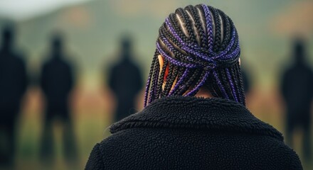 Person with braided hair faces a blurred group of figures outdoors