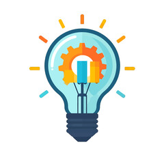 Idea Bulb With Gear Symbol Inside Glowing With Bright Light Rays Symbolizing Innovation And Creativity In A White Background With Blue Orange And Yellow Colors