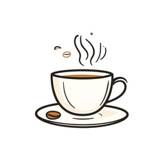 Obraz premium Steaming White Coffee Cup on Saucer with Coffee Beans and Subtle Steam Wisps Against White Background