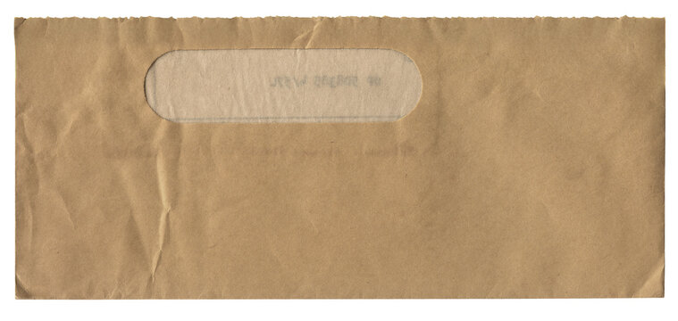 Vintage Aged Kraft Business Window Envelope w/ Torn Top Edge - Blank Brown Paper Mailer Asset - Authentic Old Ephemera w/ Creases & Wrinkles