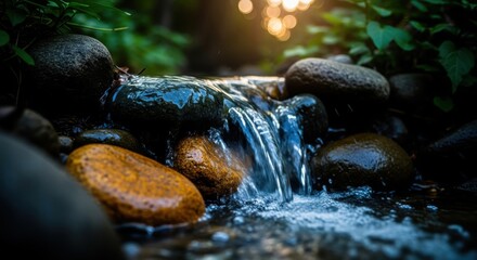 Tranquil forest waterfall flowing over smooth rocks