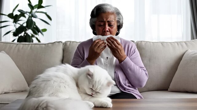 Senior African American woman sneezing and blowing her nose with a tissue next to a white cat on a sofa at home for pet allergy concept and seasonal illness