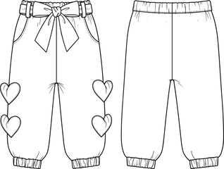 Kids' Fashion Trousers with Heart Appliqués, Decorative Bow Belt, and Elastic Cuffs, CAD Drawing Flat Vector Illustration