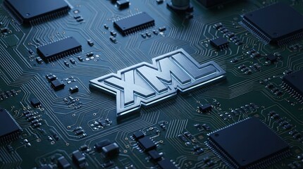 High-Tech XML Branding on Circuit Board Background