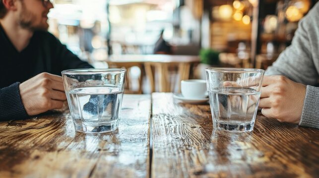 A glass of water being shared between two friends at a caffa, with soft conversation happening in the background.