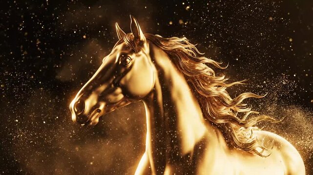 Golden horse bust dramatically appearing from shimmering gold dust cloud on a black background for power and prosperity concept