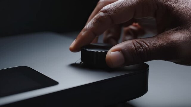 Person's hand turning a textured black control knob on modern professional equipment for precision adjustment concept and creative workflow