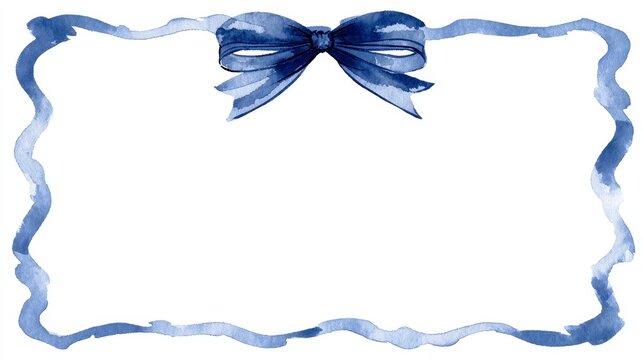 Hand-painted watercolor navy blue and white gingham ribbon frame with whimsical wavy outline and large top bow, 5x7 vertical border, minimal vintage style perfect for baby boy birthday invitations
