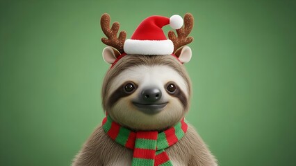 Sloth Christmas on Green Screen Background, green background.