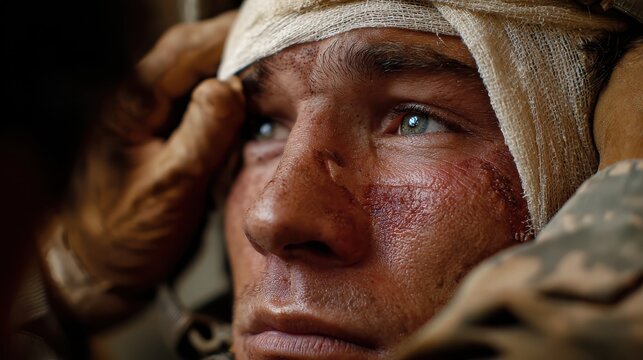 A close-up portrait of a wounded soldier, illustrating resilience and the emotional depth of conflict.