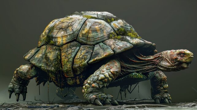 A detailed portrait of a turtle showcasing its textured shell and vibrant colors, emphasizing the beauty of wildlife.