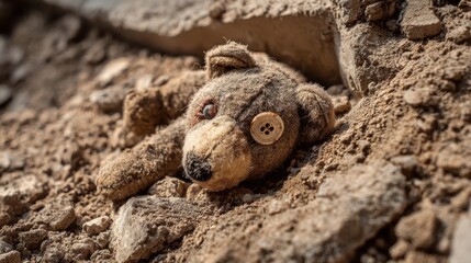 Obraz premium A forgotten teddy bear lies in the dirt, symbolizing loss and nostalgia in a poignant reminder of childhood memories.