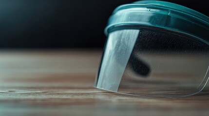 Pandemic Preparedness Lessons Protective face shield on a wooden surface in soft lighting.