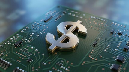 Digital Dollar Symbol on Circuit Board Background