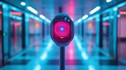 Pandemic Preparedness Lessons Futuristic scanner with vibrant lights in a modern corridor.