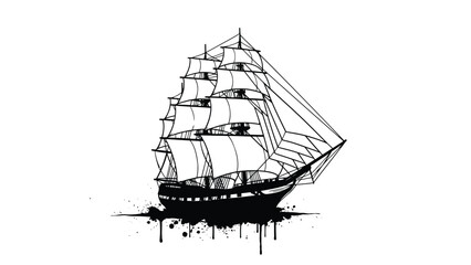 Detailed black and white illustration of a classic sailing ship with paint splatters © Nasima