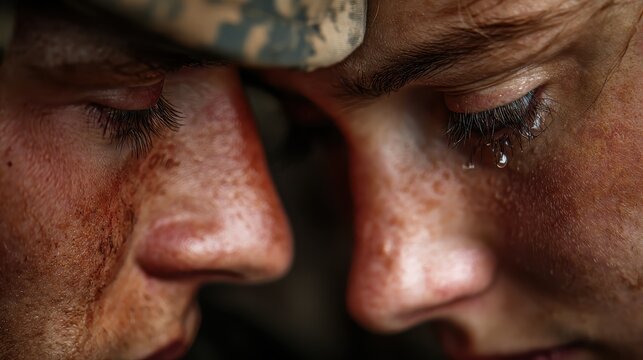 A poignant moment of two soldiers sharing an emotional bond amidst adversity, capturing strength, vulnerability, and resilience.