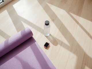 Yoga essentials on wooden floor with natural light pouring in