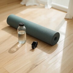 Yoga essentials on wooden floor with water bottle and watch