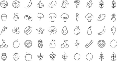 Extensive Hand-Drawn Outline Vector Icon Collection of Fruits, Vegetables, Herbs, and Spices, Ideal for Healthy Eating, Recipe Blogs, and Organic Food Packaging Designs. © NR