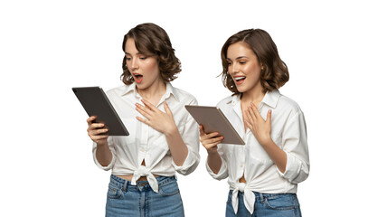 Energetic women celebrating success with digital tablets