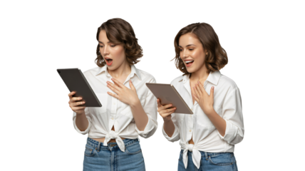 Energetic women celebrating success with digital tablets