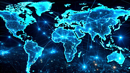 A futuristic world map illustrating global connectivity through glowing network lines