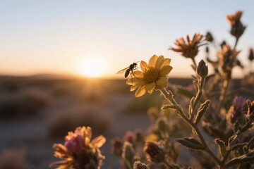 A bee pollinates a yellow flower in a desert landscape at sunset