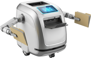 Modern automated document sorting machine with robotic arms and touchscreen interface designed for efficient file management in office environments technology