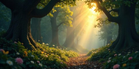 Luminous ray cuts through dark, fairytale foliage , detail, fairytale, woods