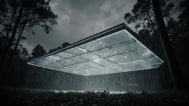 A glowing rectangular structure hangs in a forest, raining downwards