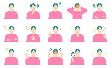 ポップな色合いの若い一般男性の喜怒哀楽表情イラストセット。フラットデザイン。