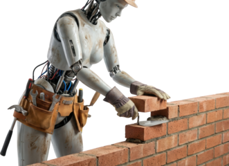 Robotic construction worker building a red brick wall with trowel and bricks wearing a tool belt with various tools showcasing advanced automation and craftsmanship