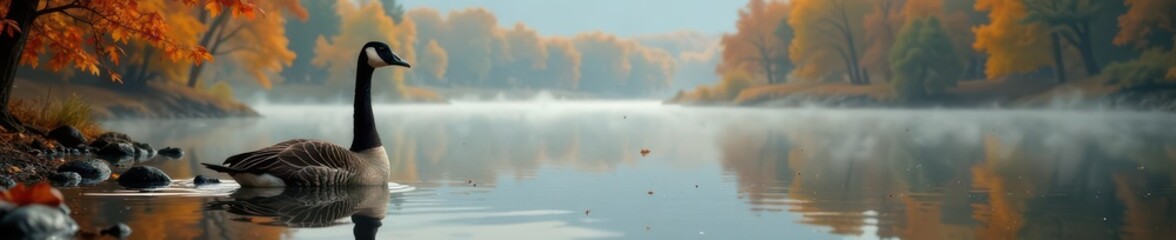 Majestic goose by serene lake, autumn foliage , foliage, natural habitat