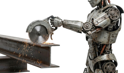 Robot cutting steel beam with circular saw sparks flying futuristic mechanical worker in industrial setting metal construction advanced technology automation in action
