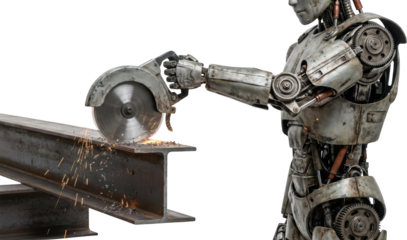 Robot cutting steel beam with circular saw sparks flying futuristic mechanical worker in industrial setting metal construction advanced technology automation in action